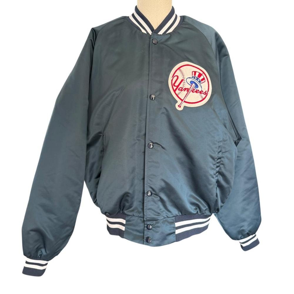 VTG 1990 MLB NY Yankees Chalkline Satin Bomber Jacket Navy XL Patch Spellout